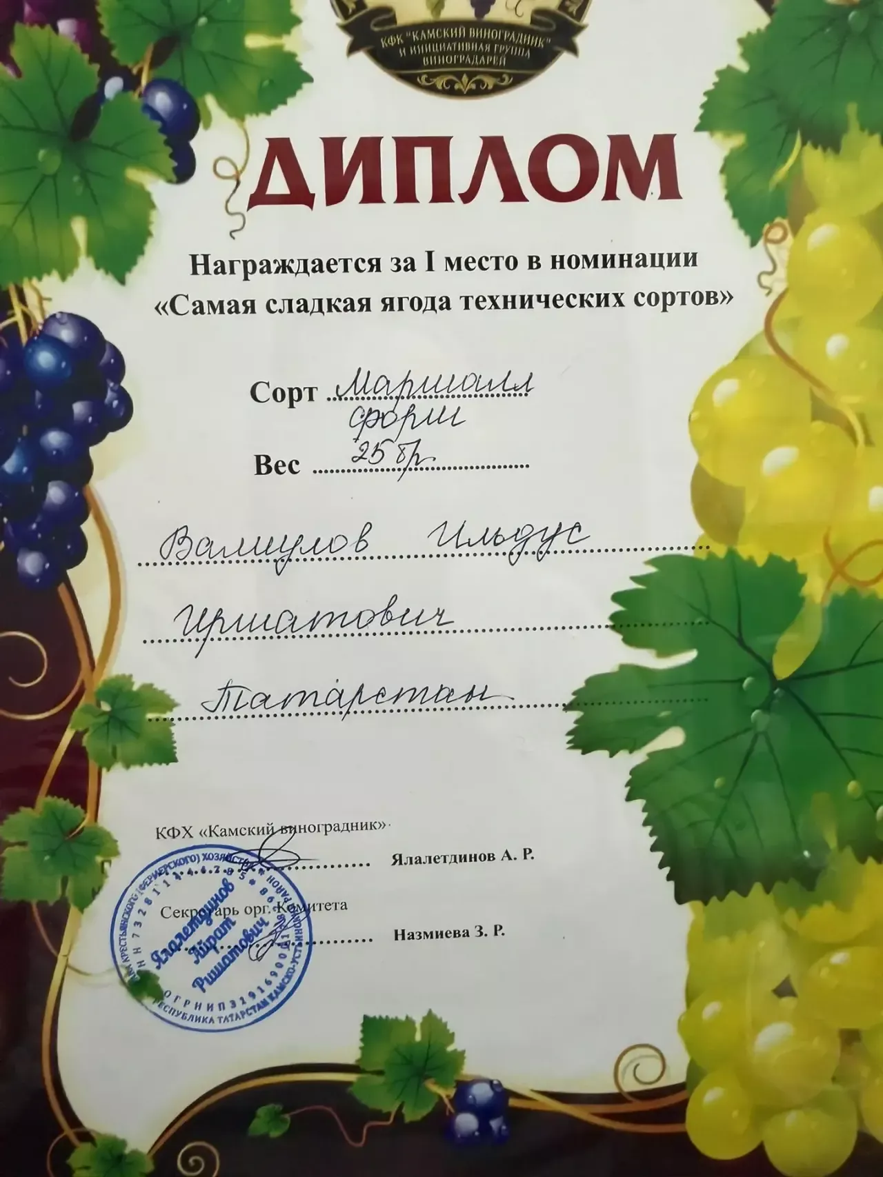 Дрожжановский виноградник стал победителем региональной выставки