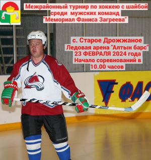 В Дрожжановском районе РТ состоится межрайонный турнир по хоккею с шайбой среди мужских команд памяти «Мемориал Фаниса Загреева»