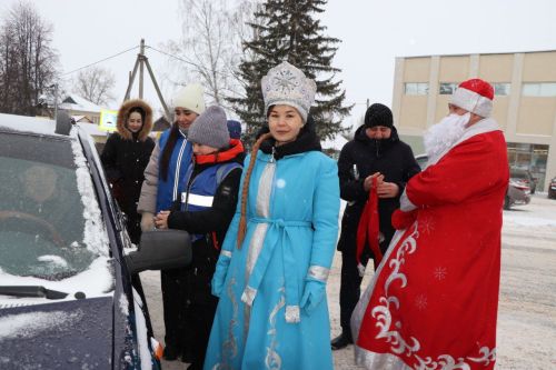 Предновогодний рейд ГИБДД: Дед Мороз и Снегурочка напомнили дрожжановским водителям о безопасности на дорогах