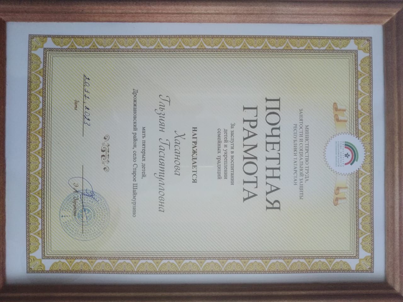 В день Матери жительнице Дрожжановского района вручили награду Министерства соцзащиты РТ