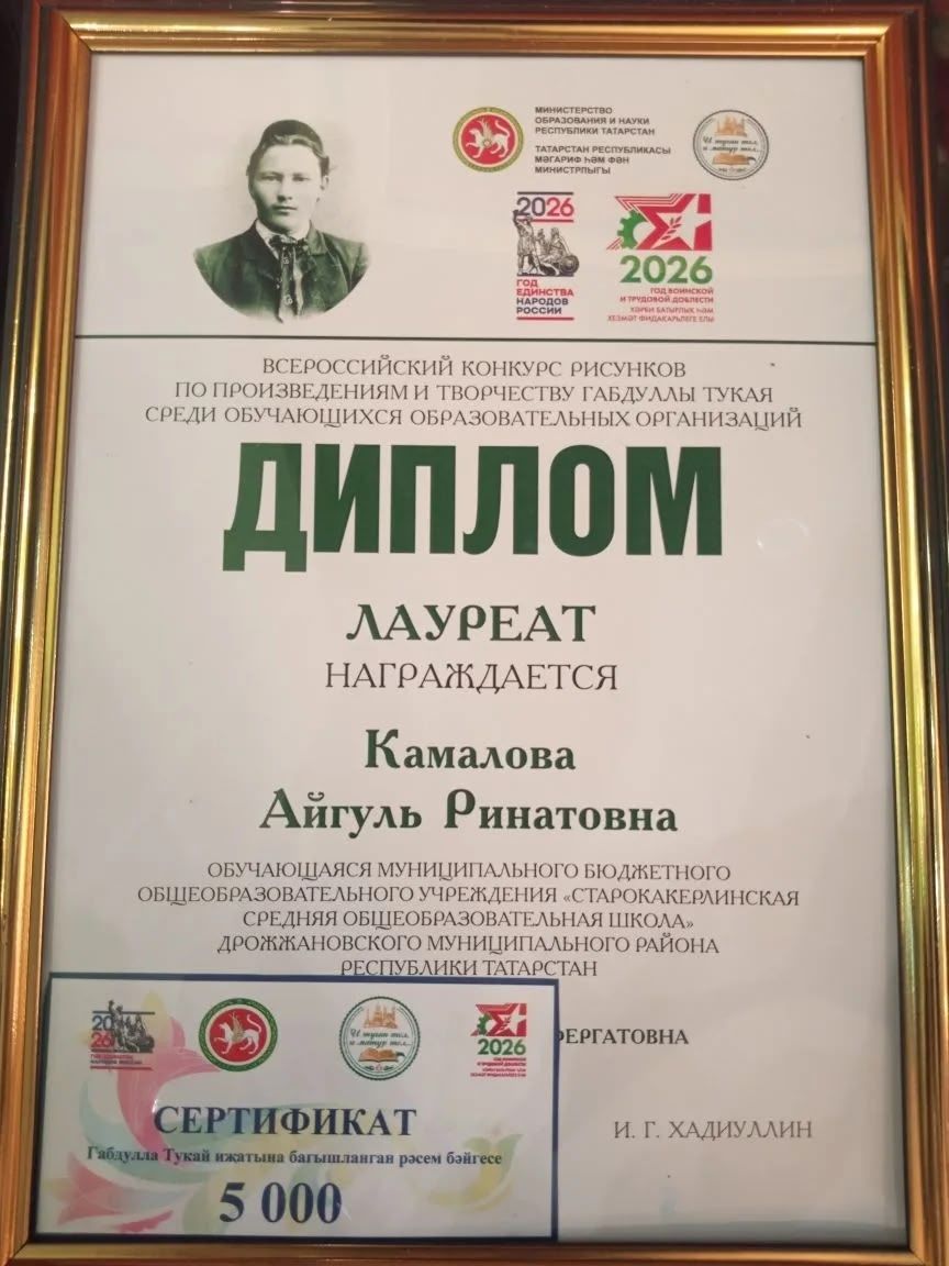 Ученица из Дрожжанвоского района стала лауреатом конкурса рисунков к 140-летию Тукая