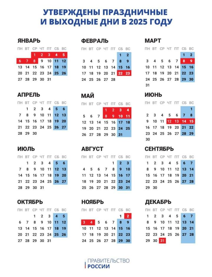 Праздничные и выходные дни в 2025 году: подписано постановление