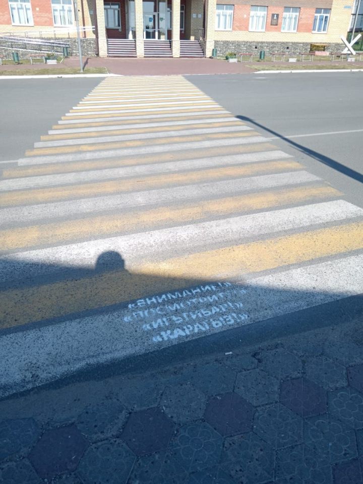 «Внимание! Посмотрите!»: В Дрожжановском районе у пешеходных переходов появились предупреждающие надписи